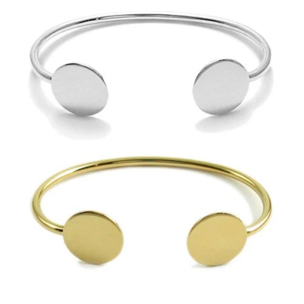 MODERN ALPACA SILVER ENGRAVABLE ROUND DISC GOLD CUFF BRACELET - 7 INCH